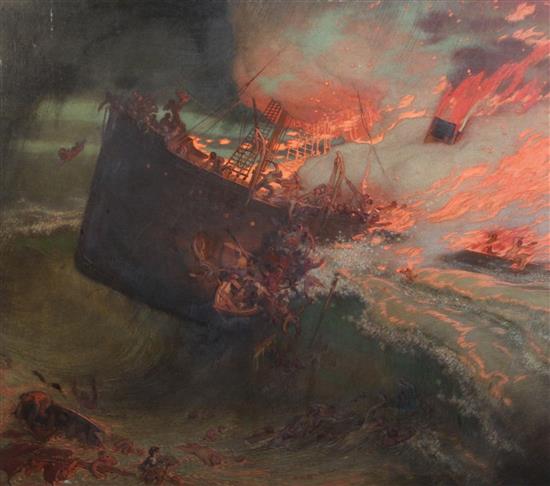 William Shackleton (1872-1933) The Burning of the Voltaire 37.5 x 42.5in. unframed.